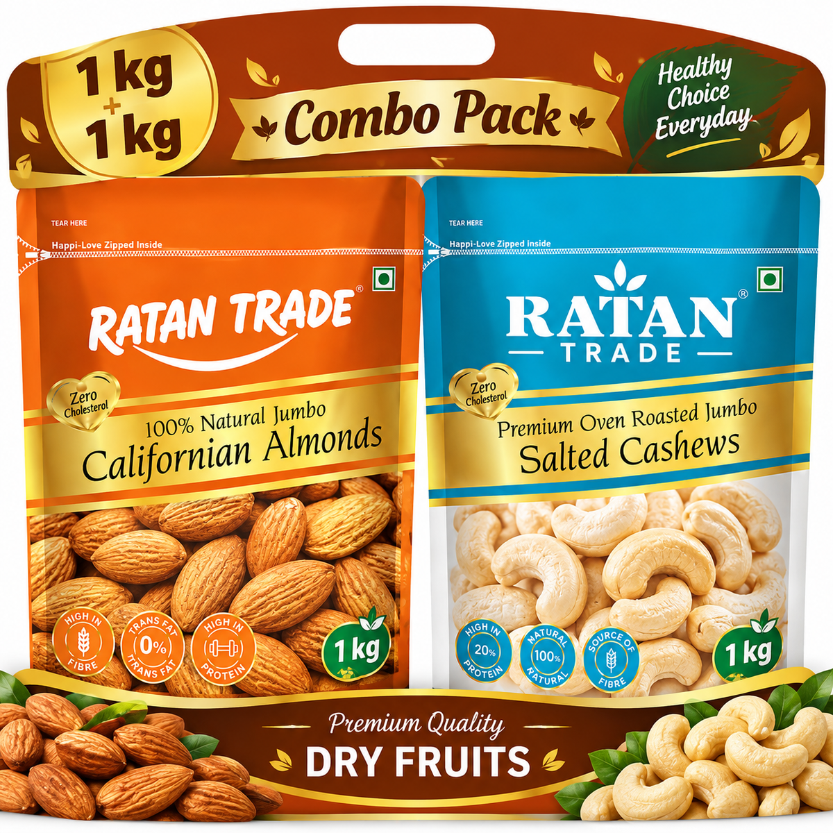 RATAN TRADE Premium Cashew & Almond Combo Pack - 1kg + 1kg | Wholesale Pack