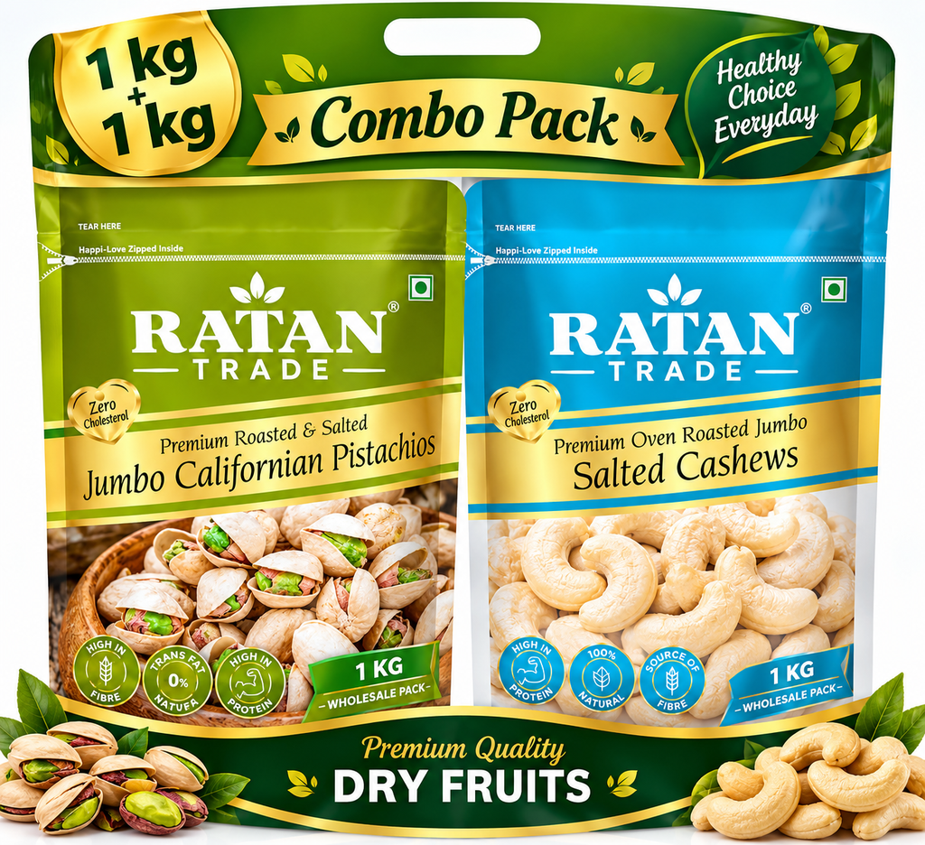 RATAN TRADE Premium Jumbo California Pistachios & Salted Cashews Combo – 1kg + 1kg | 2kg Wholesale Pack