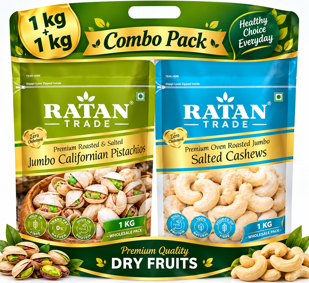 RATAN TRADE Premium Jumbo California Pistachios & Salted Cashews Combo – 1kg + 1kg | 2kg Wholesale Pack